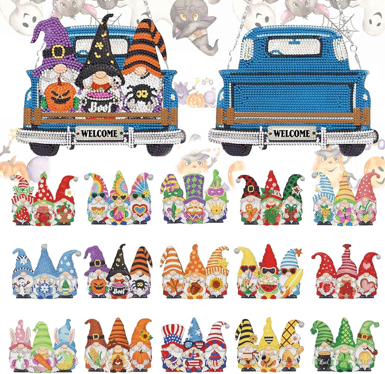 16PCS Interchangeable Diamond Painting Welcome Sign for Front Door Holiday Gnome Decor Blue Truck Hanging Sign Diamond Art Painting Kits for Adults Interchangeable Seasonal Decor for Home Wall